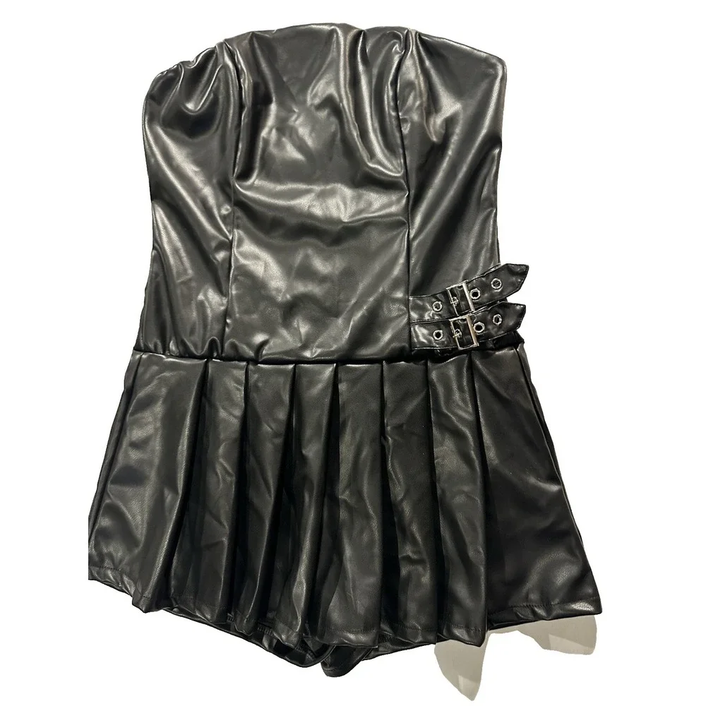 Fashion Nova‎ Faux Leather Strapless Romper Black Buckle Detail Size L